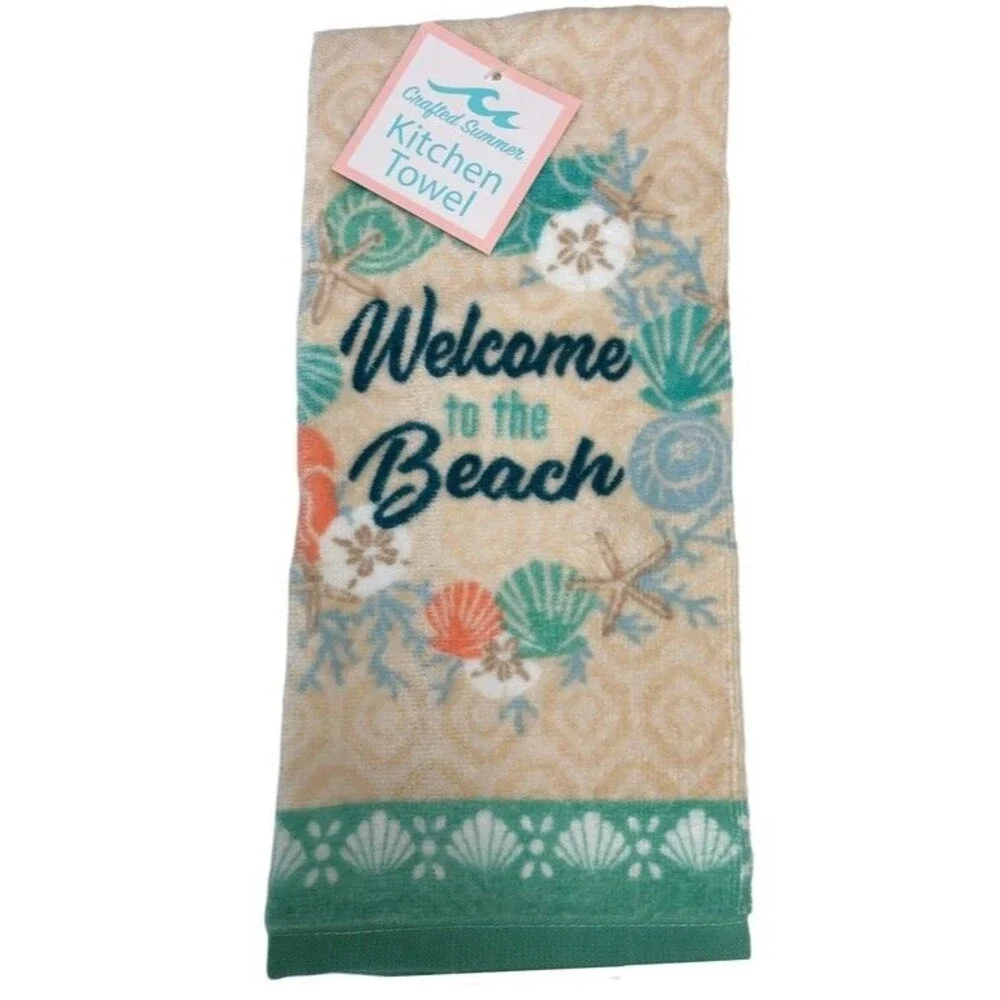 Shell Wreath Welcome Beach Dish Towel Oven Mitt Potholder Tropical Set of 3